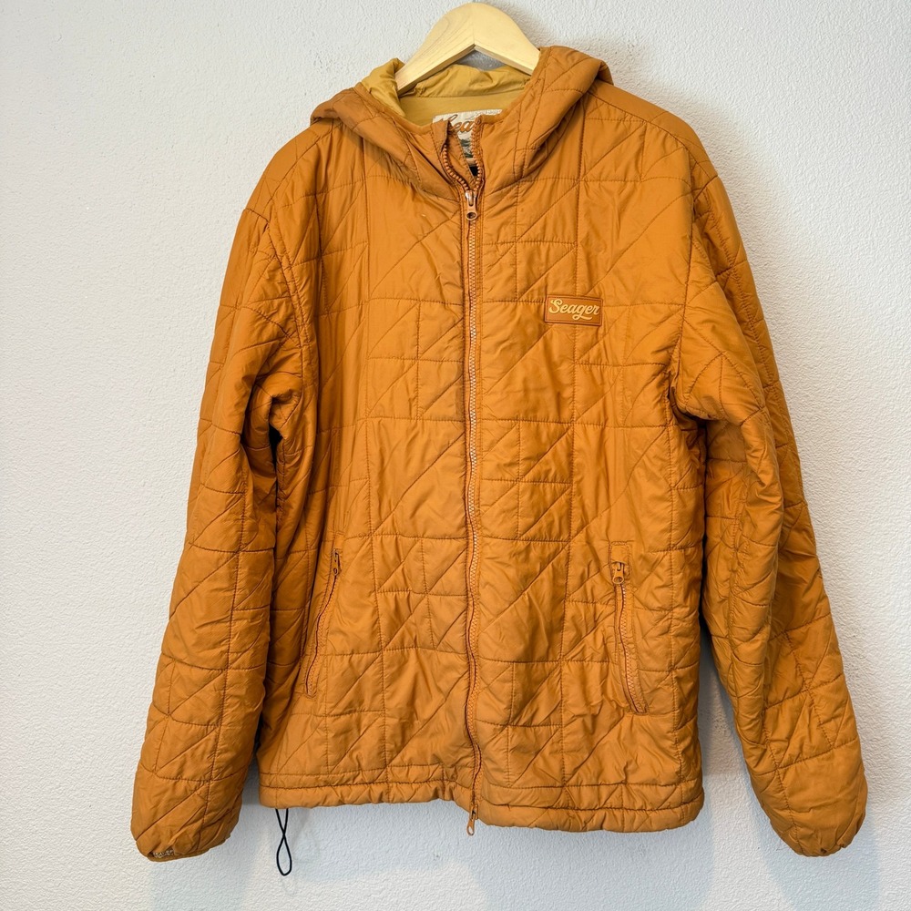 Seager Co Men Quilted Hooded Jacket Burnt Orange Geometric Puffer Size L